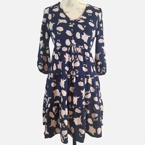 Monteau V-Neck Cinched Mini Dress Navy Blue White Tan Floral - Medium